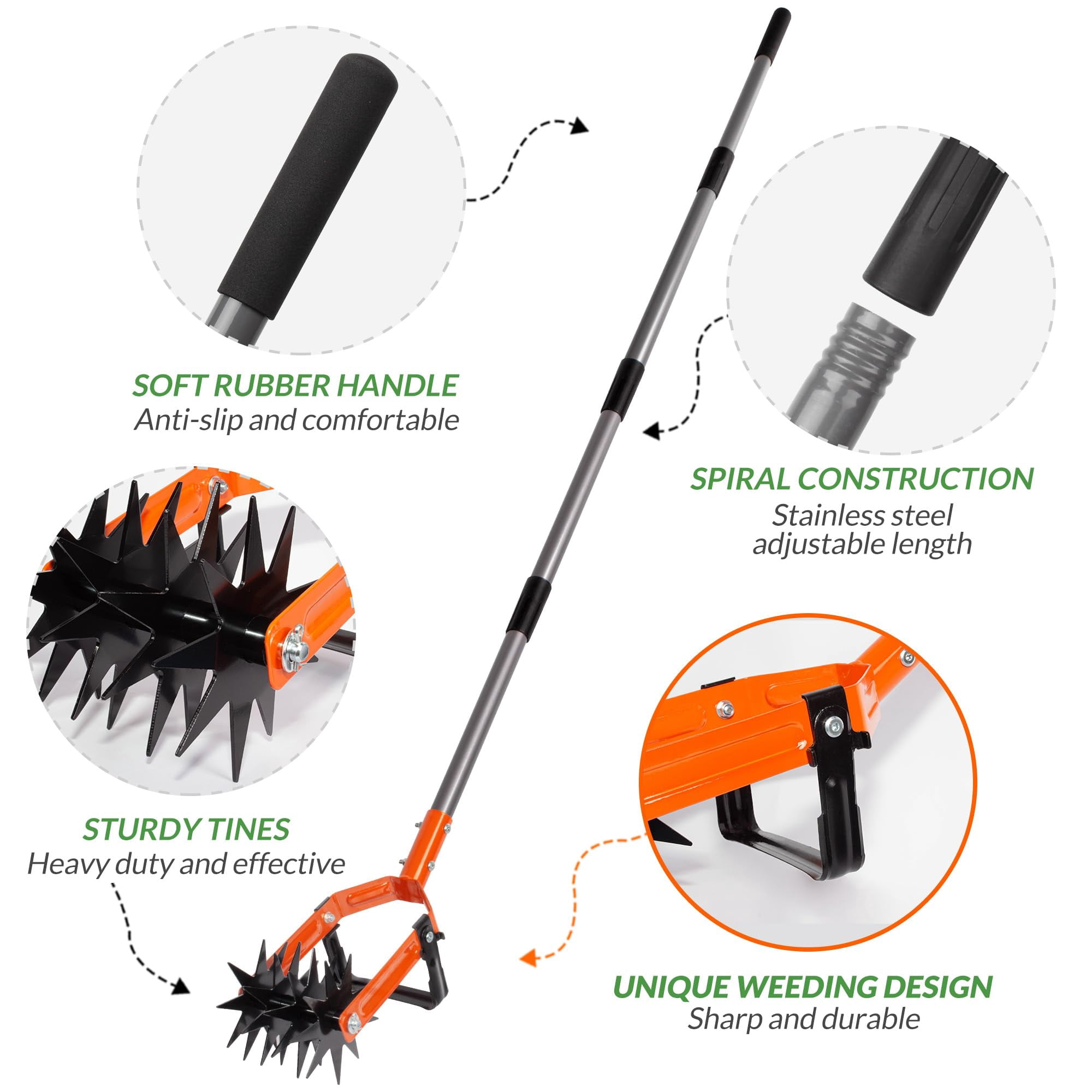 Rotary Cultivator Garden Tool  Adjustable Long Handle Hand Tiller With Star-shaped Rolling Tines 2-in-1 Weeder & Soil Aerator For Lawn Care Reseeding Grass Mixing Manual Yard