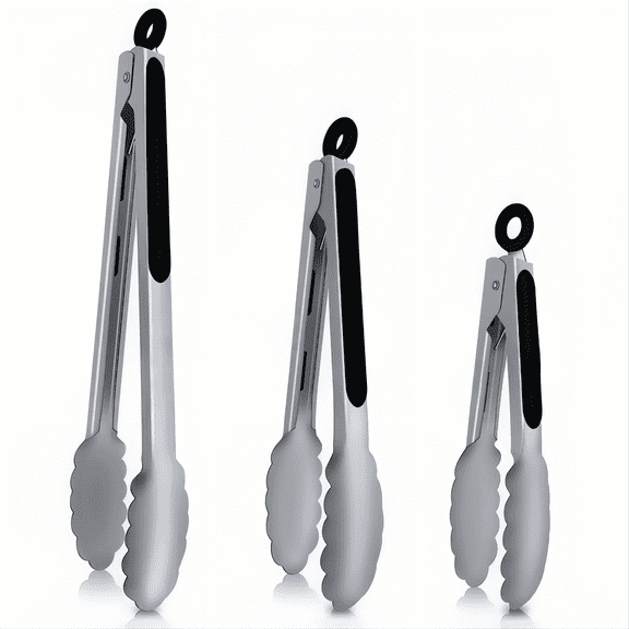 Cooking Tongs - Heat Resistant 600 Degree Stainless Steel Kitchen Tongs, Heavy Duty Metal Locking Tongs - Great for Food, Salads and Grilling Set of 3 (7", 9" & 12") Dishwasher Safe