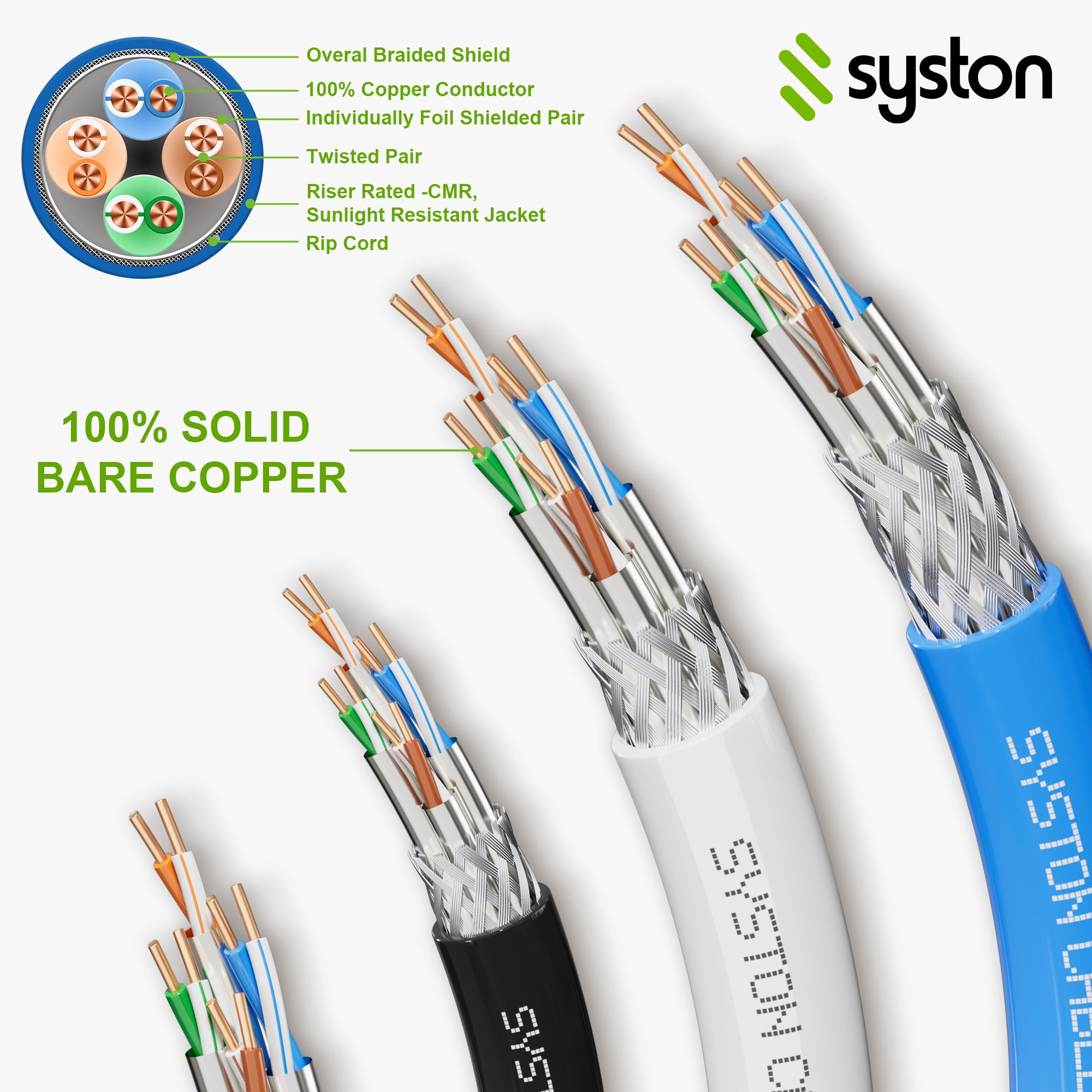 Syston Cable Cat8 Ethernet Bulk Raw Cable 2000MHz 2GHz 40GB 250 ft Solid Bare Copper S/FTP Individual electromagnetic Tinned Copper Braid Shield 22/4 4 Pair 22 AWG CMR FT4 UTP Black Order to Cut