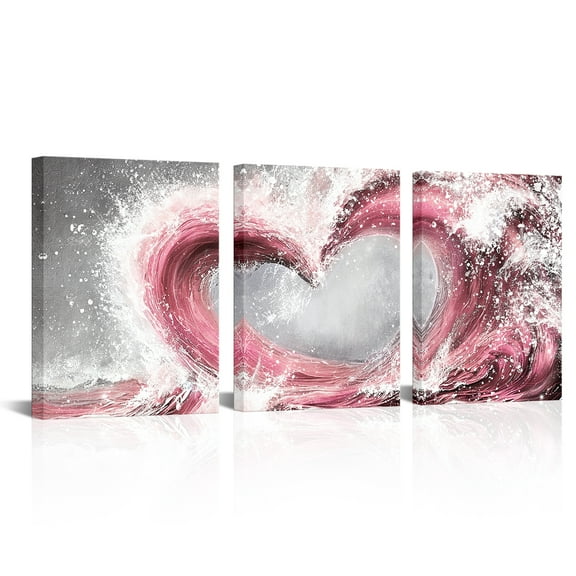 Bedroom 3 Piece 12 x 16 Inch Framed Wall Art Set Ocean Wave Painting Love Sign Wall Decor Framed Artwork Bathroom Bedroom Living Room Decor (Pink)