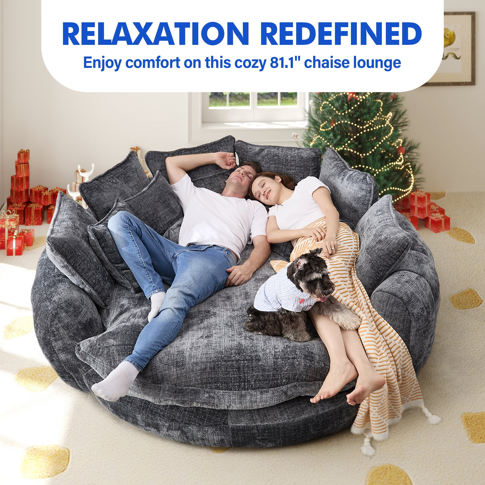 Aukfa 81" Oversized Round Chaise Lounge Sofa Bed, Modern Chenille Cloud Couch with Deep Seat, 14 Pillows, Assemble-Free, Gray