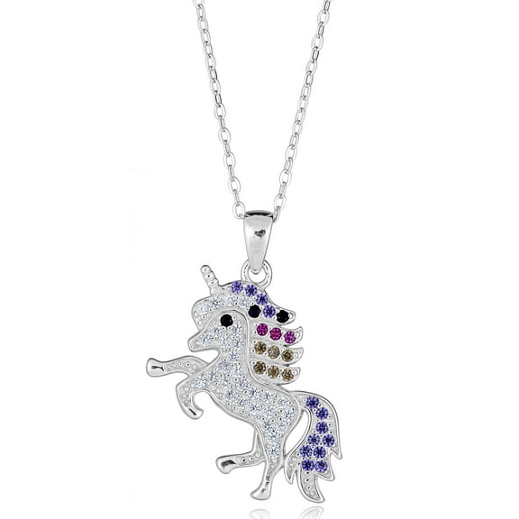 AVORA 925 Sterling Silver Simulated Diamond CZ Unicorn Pendant Necklace with 18" Chain