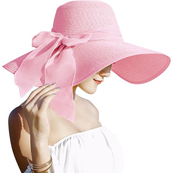 Derest Womens 5.5 Inches Big Bowknot Straw Hat Large Floppy Foldable Roll up Beach Cap Sun Hat UPF 50