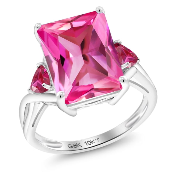 Gem Stone King 10K White Gold Pink Created Sapphire and Red Created Ruby 3 Stone Engagement Ring for Women (10.54 Cttw, Emerald Cut 14X10MM, Trillion 4MM, Size 7)