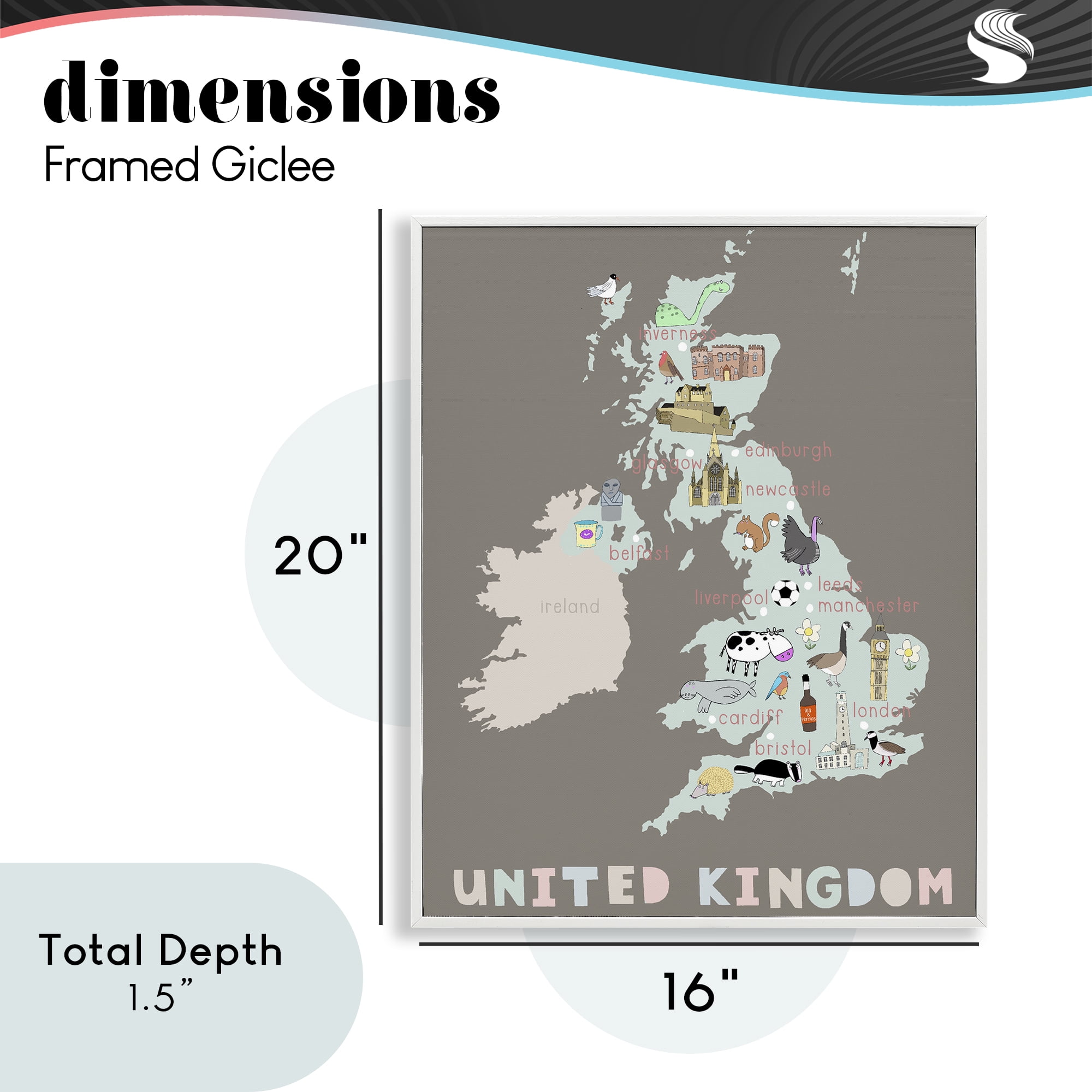 Kid's Map of United Kingdom White Framed Giclee Art, design by Carla Daly