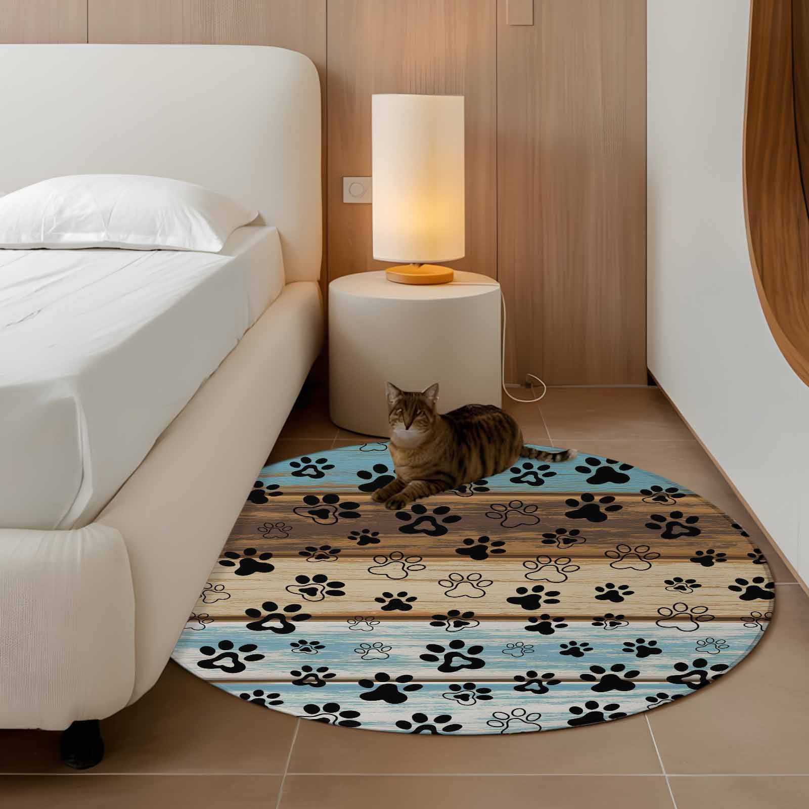 Round Area Rug 4 Ft, Cute Dog Claws Washable Non-Slip Circle Carpet for Living Room/Bedroom, Farmhouse Blue Wooden Puppy Pawprints Low-Profile Crawling Mats Collection Rugs for Indoor