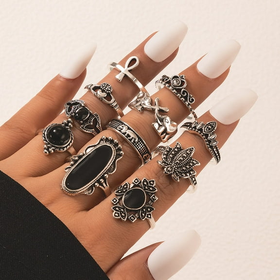 Waroomhouse 11Pcs/set Heart Stackable Knuckle Rings Alloy Bohemia Black Faux Gem Finger Rings Jewelry Accessory