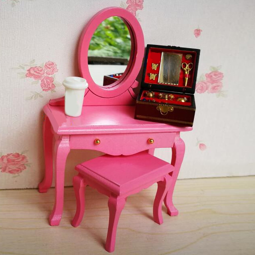 1/12 Dollhouse Pink Dressing Table Stool Furniture Set Bedroom 