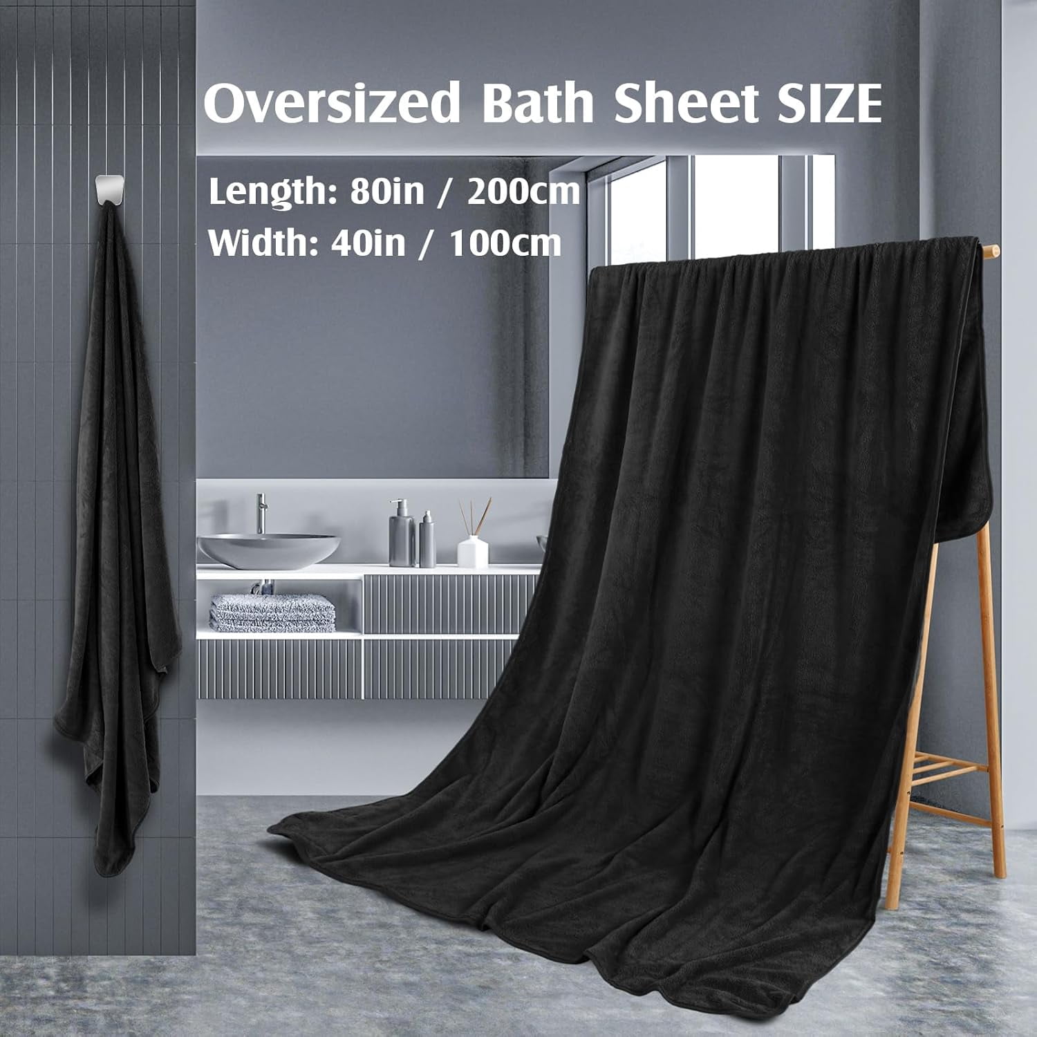 4 Pcs Oversized Fleece Bath Towels, 40 x 80 Inch Bath Sheets Extra Large Microfiber Coral Velvet Highly Absorbent Towels 350gsm High Density Towel for Adults Home Beach (Black)