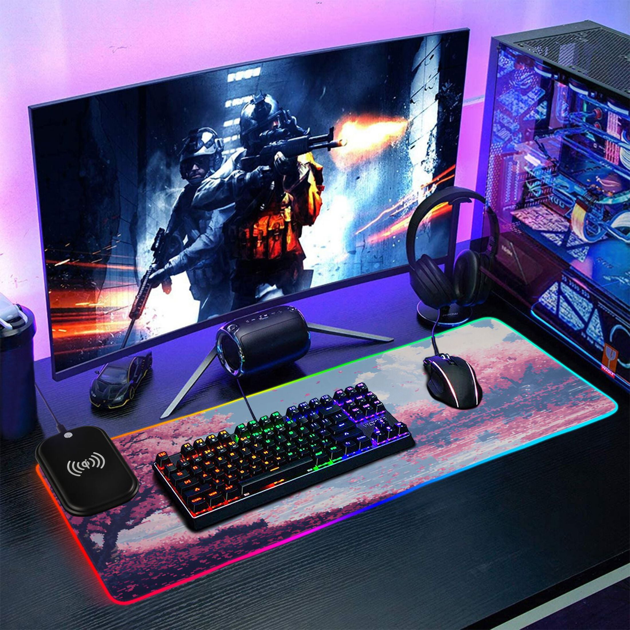 Wireless Charging Mouse Pad Large RGB Gaming Desk Mat 13 Light Modes Mousepad 35.4x15.7 Cherry Blossom Trees with Falling Petals