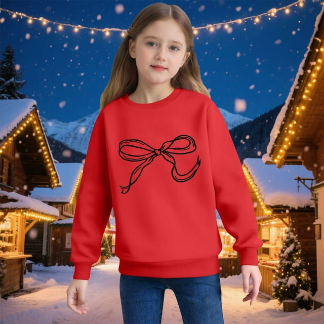 Sudadera infantil de poliéster con cuello redondo, hombros caídos, manga larga, estampado de lazo y capucha.