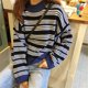 thumbnail image 2 of Suéter de invierno grueso a rayas para mujer, cuello redondo, suelto, perezoso, Kawaii, lindos estudiantes, suéter de punto corto Ins Namotu WMZY-678, 2 of 7