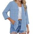 thumbnail image 5 of Fewfanhot Women Gingham Plaid 3/4 Sleeve Blouse, Notched V‑Neck Button Front Tunic Top, Loose Fit Casual Shirt for Ladies, 5 of 6