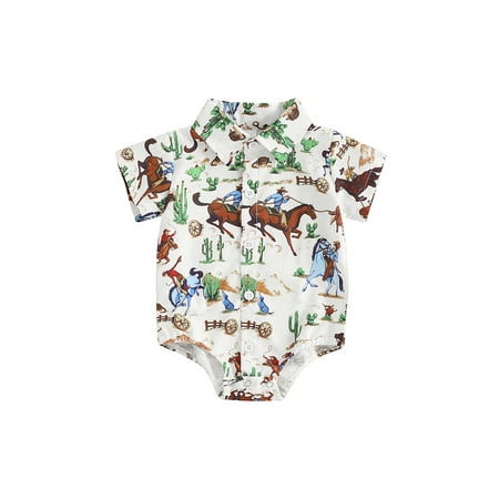 

Niceyoeuk Baby Boys Rompers Western Horse Print Turn-Down Collar Bodysuits