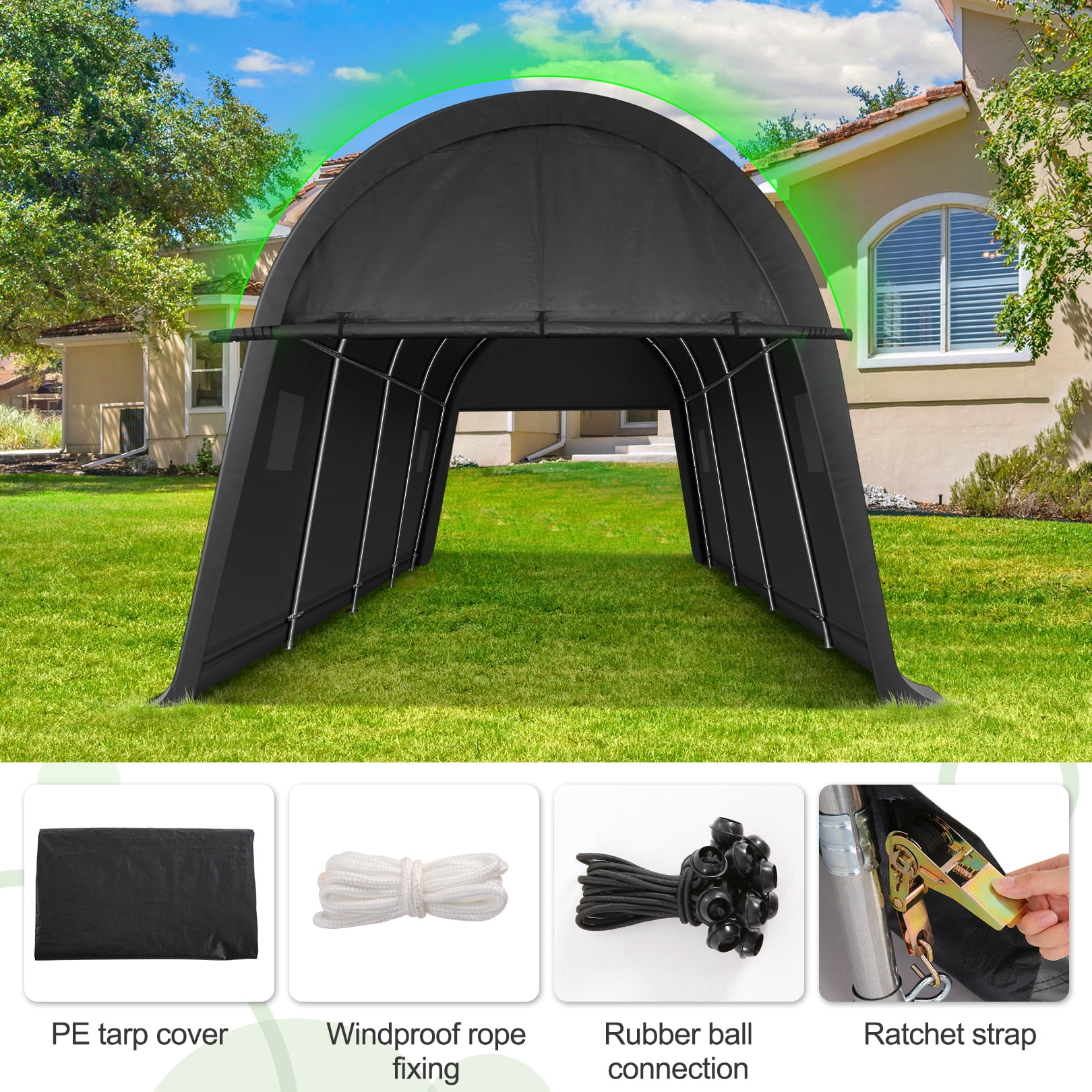 SANOPY 10x15 Carport Heavy Duty Portable Garage Car Port Canopy Tent with All-Steel Metal Frame & Vents, Round Style Outdoor Storage Shed for Car, Truck, Boat, Patio Furniture Anti-Snow Waterproof