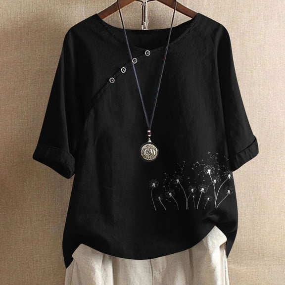 ClodeEU Women's Linen Blend Printed Short Sleeve Top ,Casual Loose Button Blouse Black,Womens Plus XL