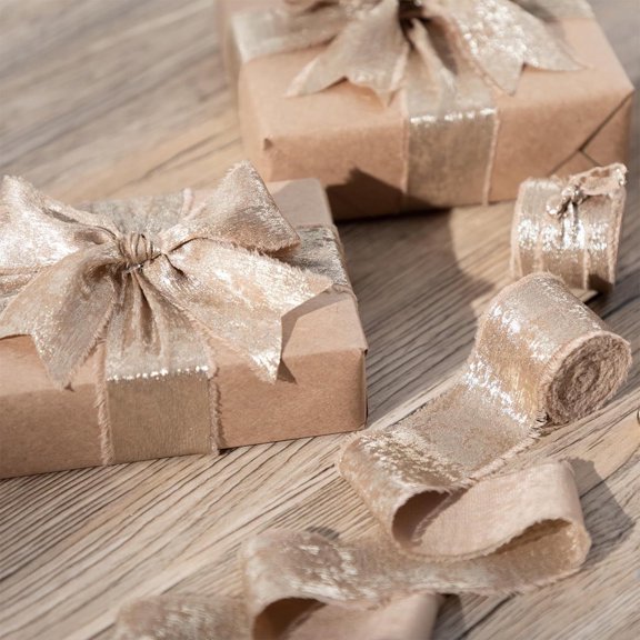 Hmgxay Flash Bronzing Chiffon Ribbon, Hand Tear Raw Silk Ribbon for Decorations, Frayed Edge Luxury Ribbon for Weddings and Christmas, Versatile Crafting Ribbon for Gift Wrapping(Khaki)