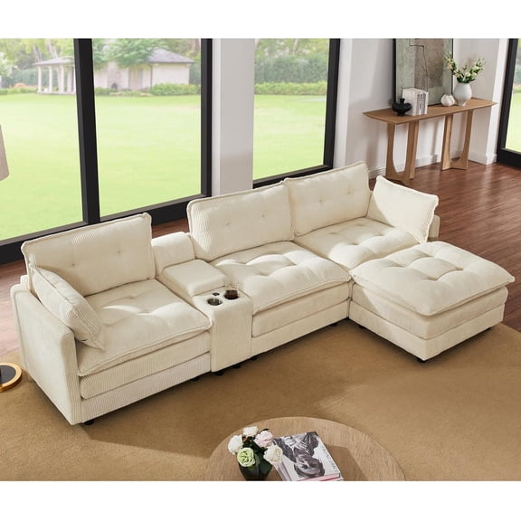 Howcool 119" Modular Sectional Sofa, L-Shaped 4-Seater Deep Seat Couch with Storage Ottoman & Console, USB Charging Ports & Cup Holders, Corduroy Fabric for Living Room,Beige