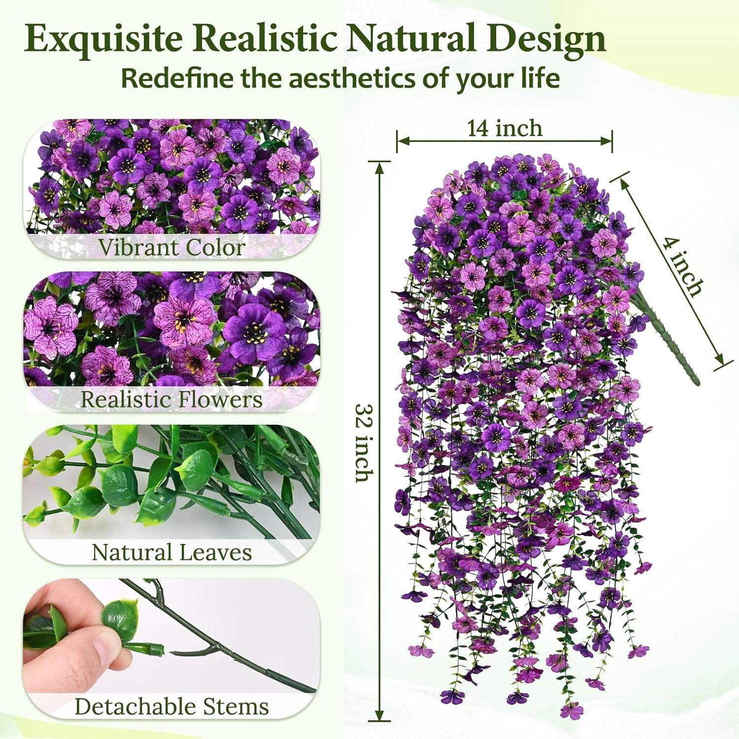 Waipfaru Artificial Hanging Flowers for Outdoors Spring Summer Decoration,4 Pcs UV Resistant Faux Silk Violet Fake Flowers for Garden Porch Window Home Decor