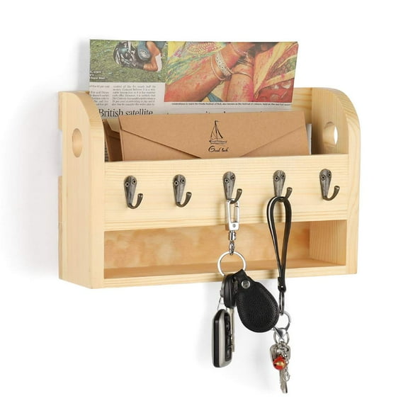 Wall-mounted Mail Sorter and Holder Organizer with Storage Shelf and Key Hooks - Wood