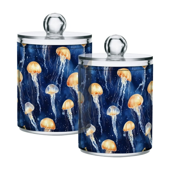Yayeee 2 Pack Qtip Holder Bathroom Cotton Swab Canister with Lid Clear Dispenser Set, Watercolor Yellow Jellyfish Pattern