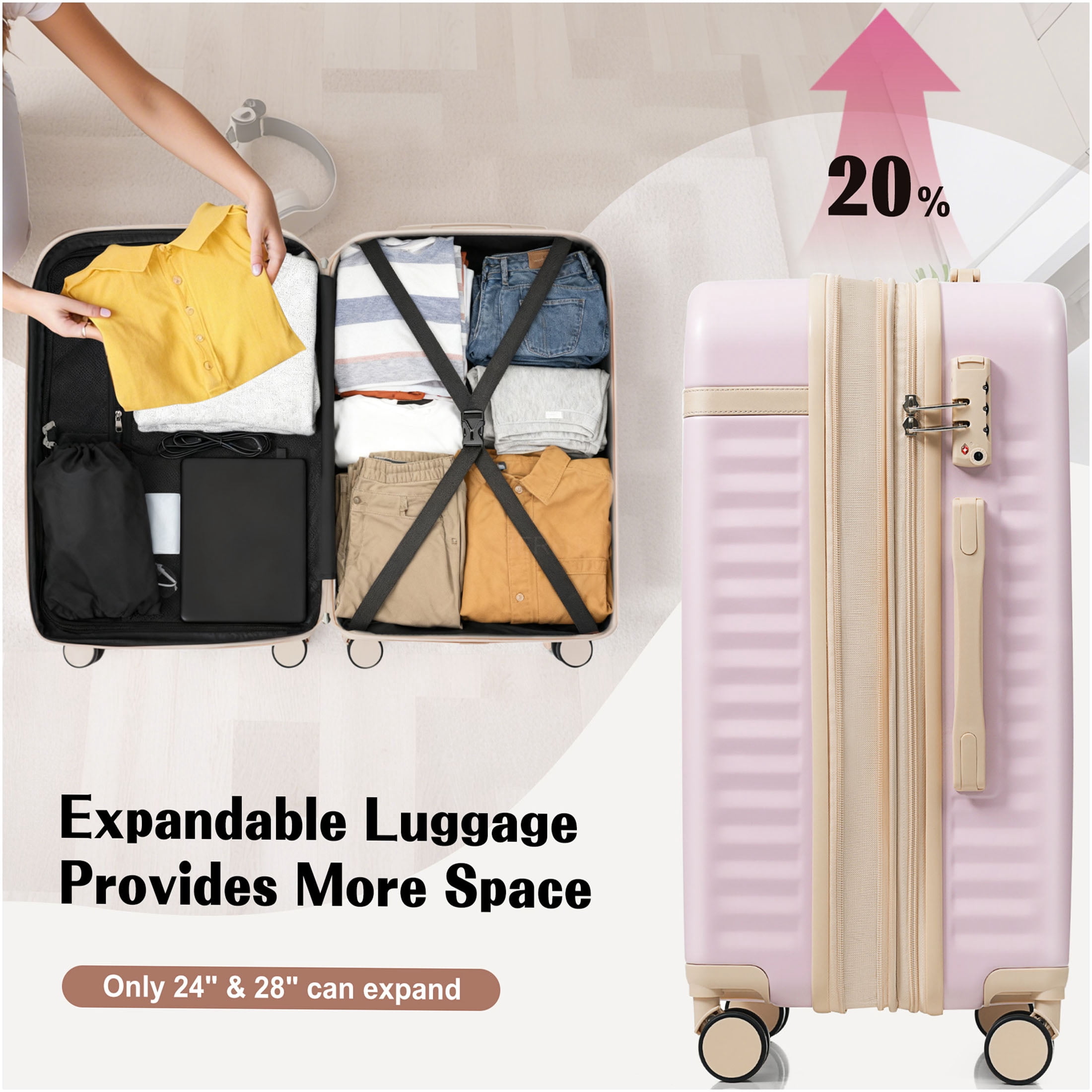 JERFIT 3-Piece Hard Shell Luggage Set with USB Port, TSA Lock & Spinner Wheels, Airline Approved Carry On Suitcase Set in Light Pink