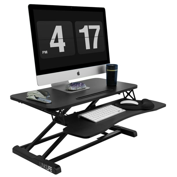 Dean Sit-Stand Desk Workstation, Height Adjustable Stand Up Desk Converter,  Easy to Use Tabletop Dual Monitor Riser with Hydraulic Arm and Keyboard 