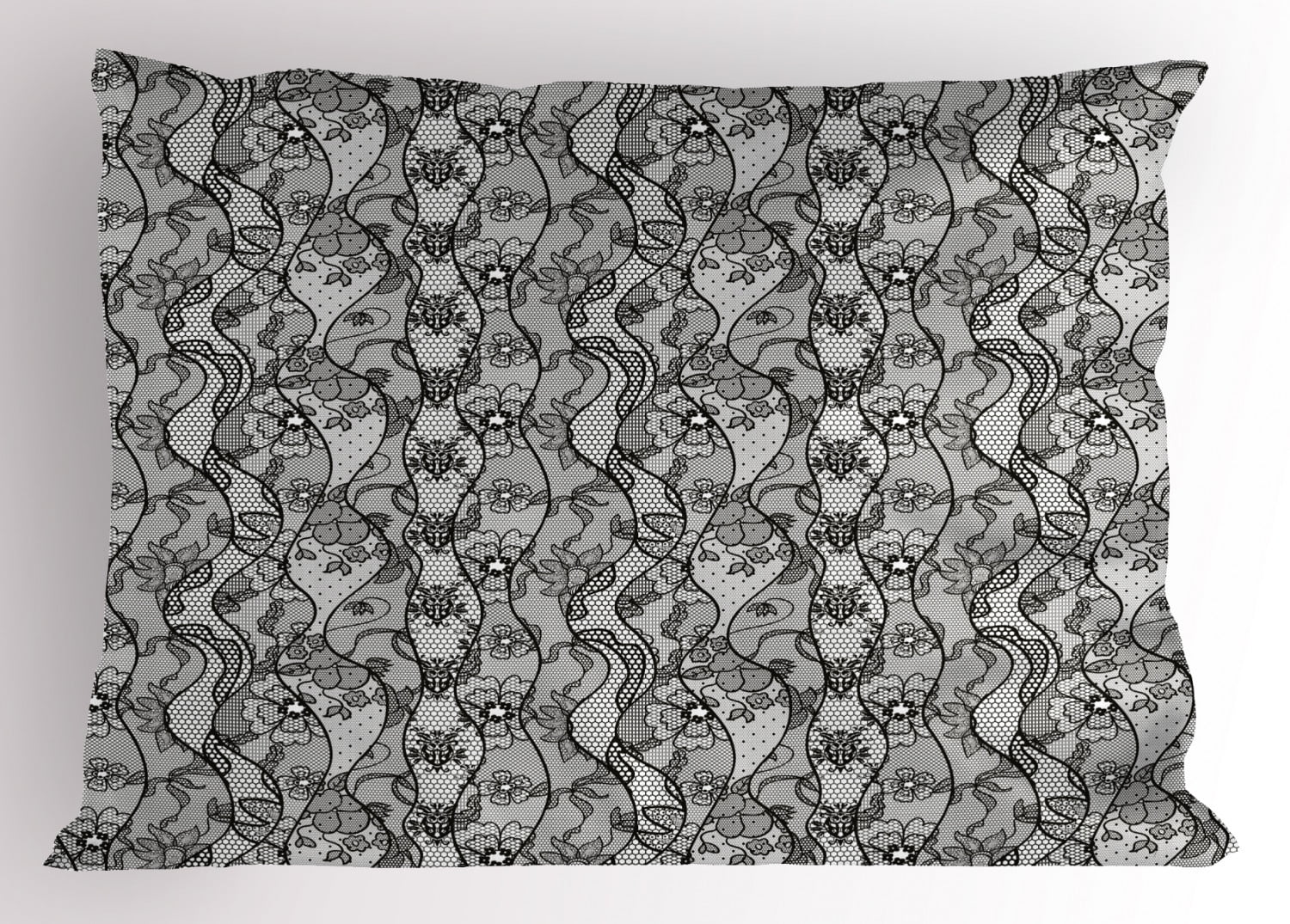 Floral Pillow Sham Lace Gothic Pattern with Flower Effect and Leaves