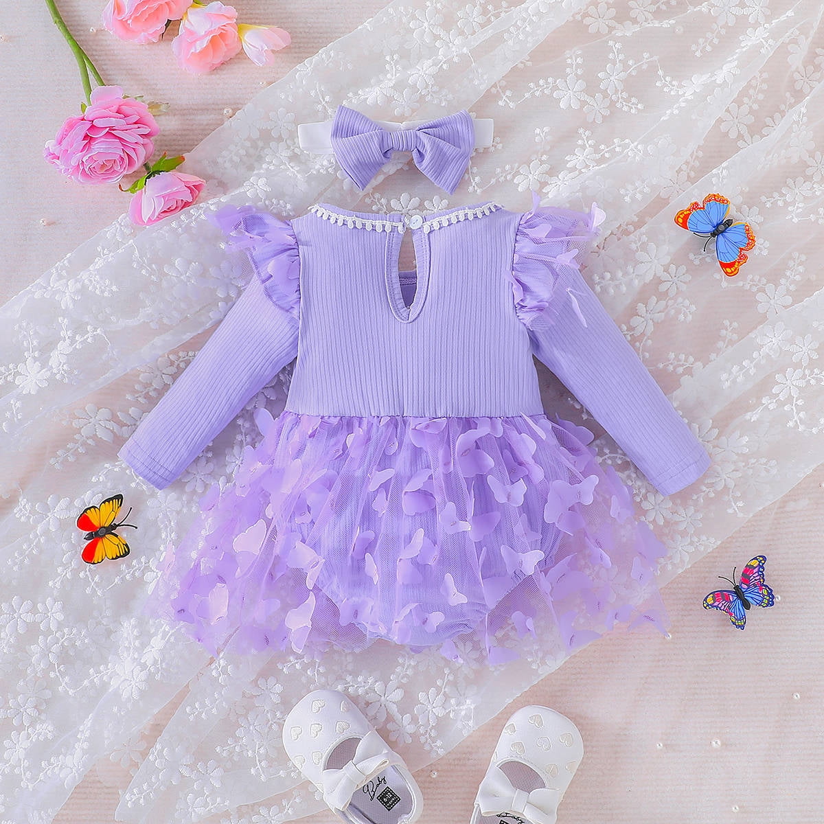 IBTOM CASTLE Newborn Baby Girls Butterfly Tutu Dress Long Sleeve Romper Tutu Skirt + Headband 2PCS Winter Fall Clothes 3-6 Months Purple