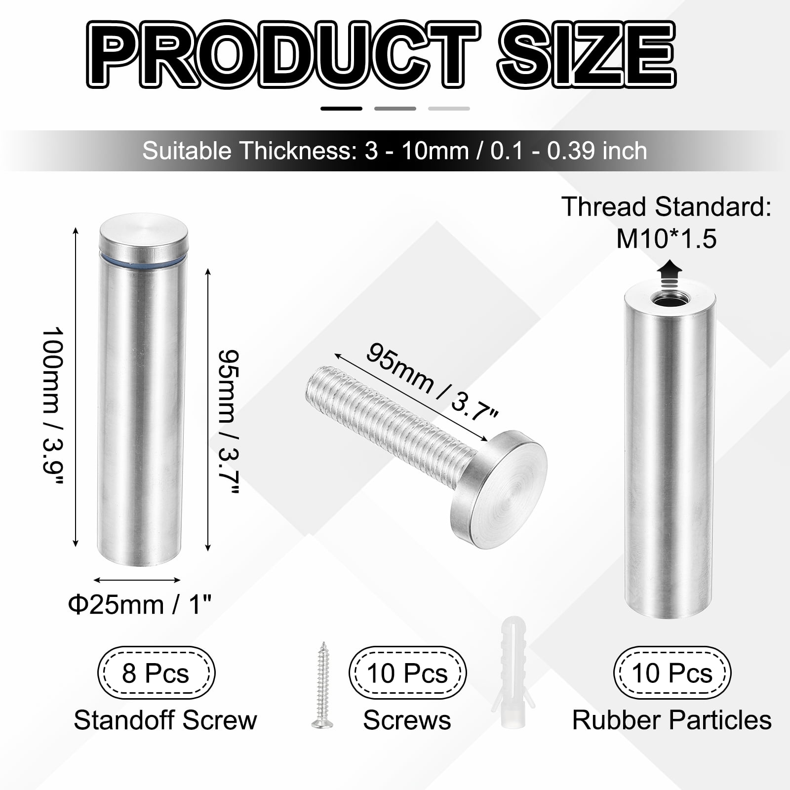 1x3.9" Standoff Screws, 8 Pack Stainless Steel Stand Off Wall Mounts Wall Sign Mounting Hardware Advertising Standoff Nail for Hanging Acrylic Signs Picture Frame, Silver