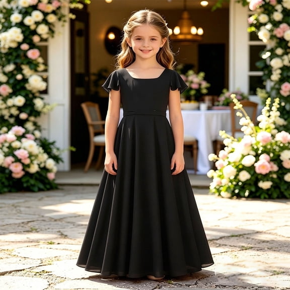 HAYIMI Child Girls Chiffon Dress O-Neck Short Sleeve Solid Color Piano Violin Performance Formal Gown Flowy Party Wear Tutu For Kids Boho Dresses