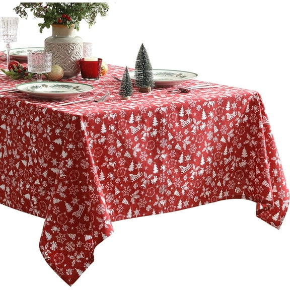 Bell and Snowflakes Cotton Blend Tablecloth, 60 x 120 Inch Rectangle, Red Christmas Bell and Snowflake Pattern, Holiday Table Cover for Festive Dining and Seasonal Decor