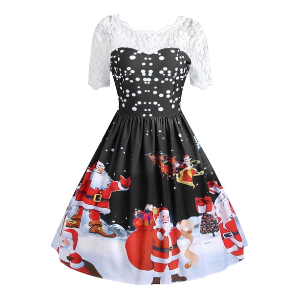 Moda mujer Feliz Navidad Vintage Santa Claus estampado encaje vestido de fiesta de noche Fridja qw510
