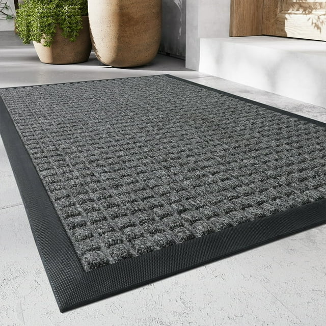 JUNWELL Outdoor Mat Non Slip Door Mat 17”x30” Front Door Mats Absorbent Rubber Welcome Mat Low Profile Dirt Trapper Entry Rug Heavy Duty Durable Outdoor Doormat Checker Grey