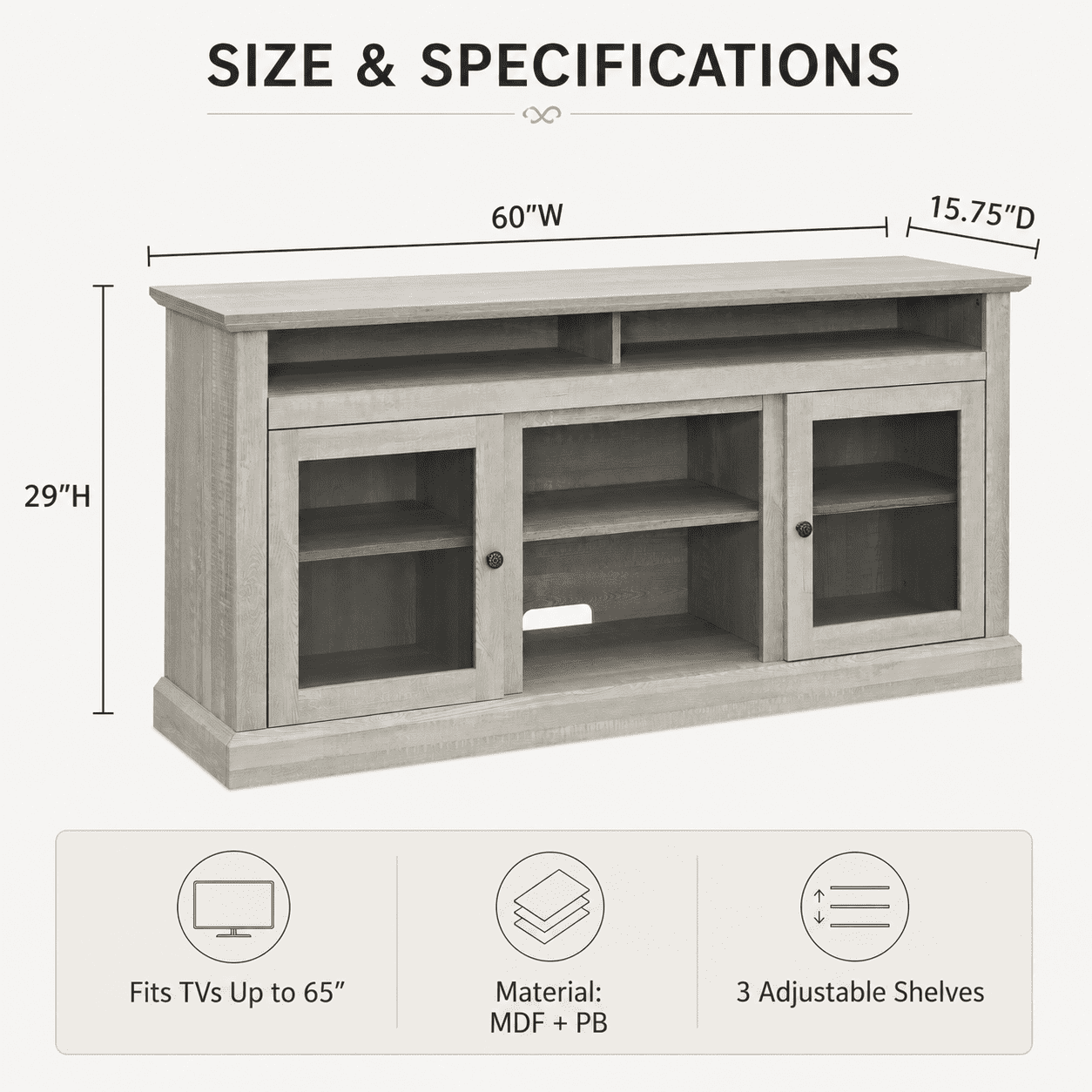 Aukfa 60" Farmhouse TV Stand for TVs up to 65", Wood Entertainment Center, Cable Management, Gray