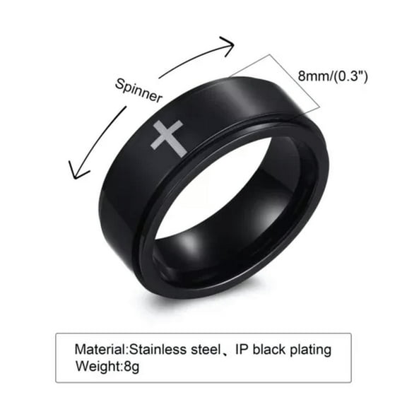 6/8MM Silver/Black/Gold Cross Spinner Band Male's Stainless Steel Religious Ring