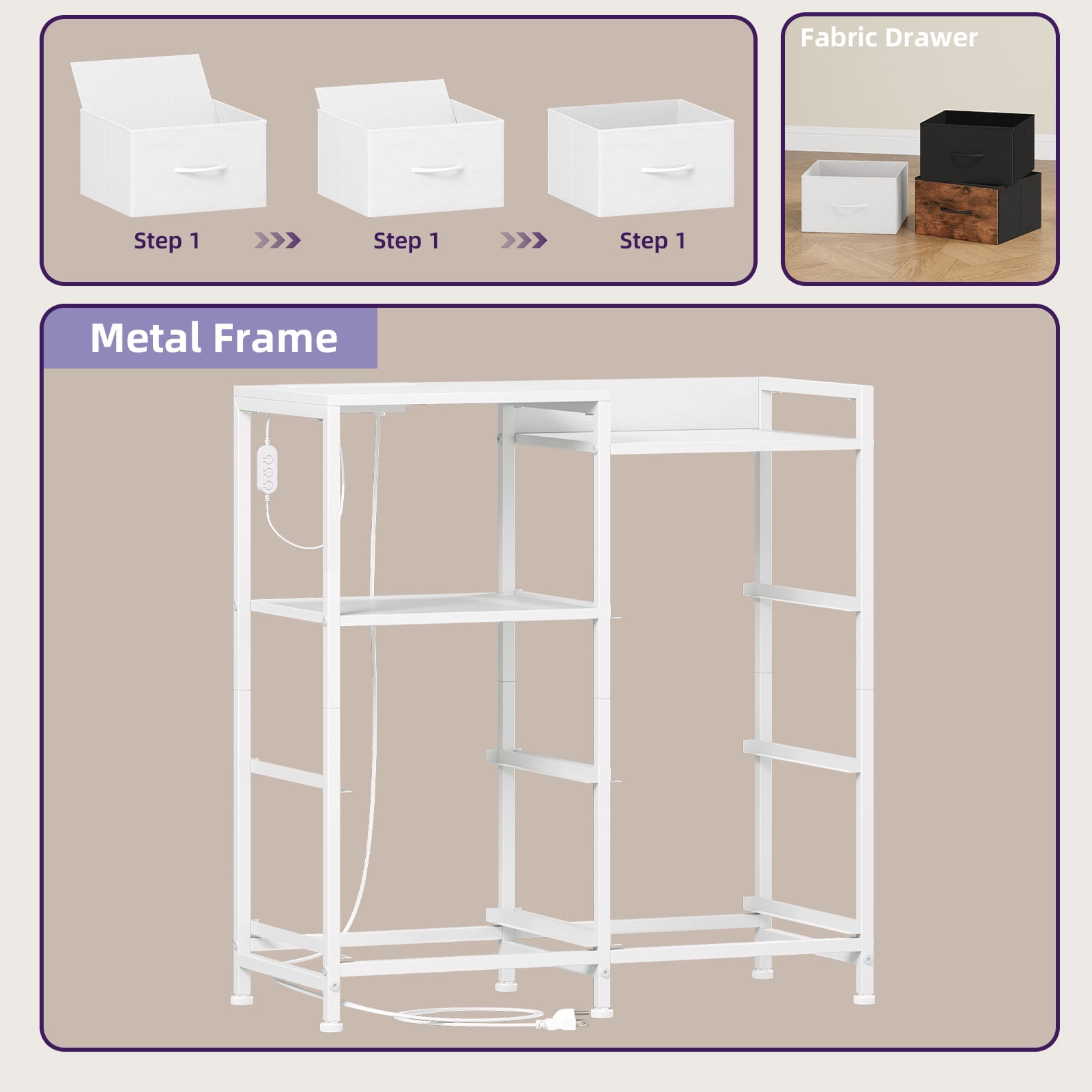 Eunos 5 Wide White Drawers Dresser with Charging Station and Open Shelf for Bedroom Closet Dorm