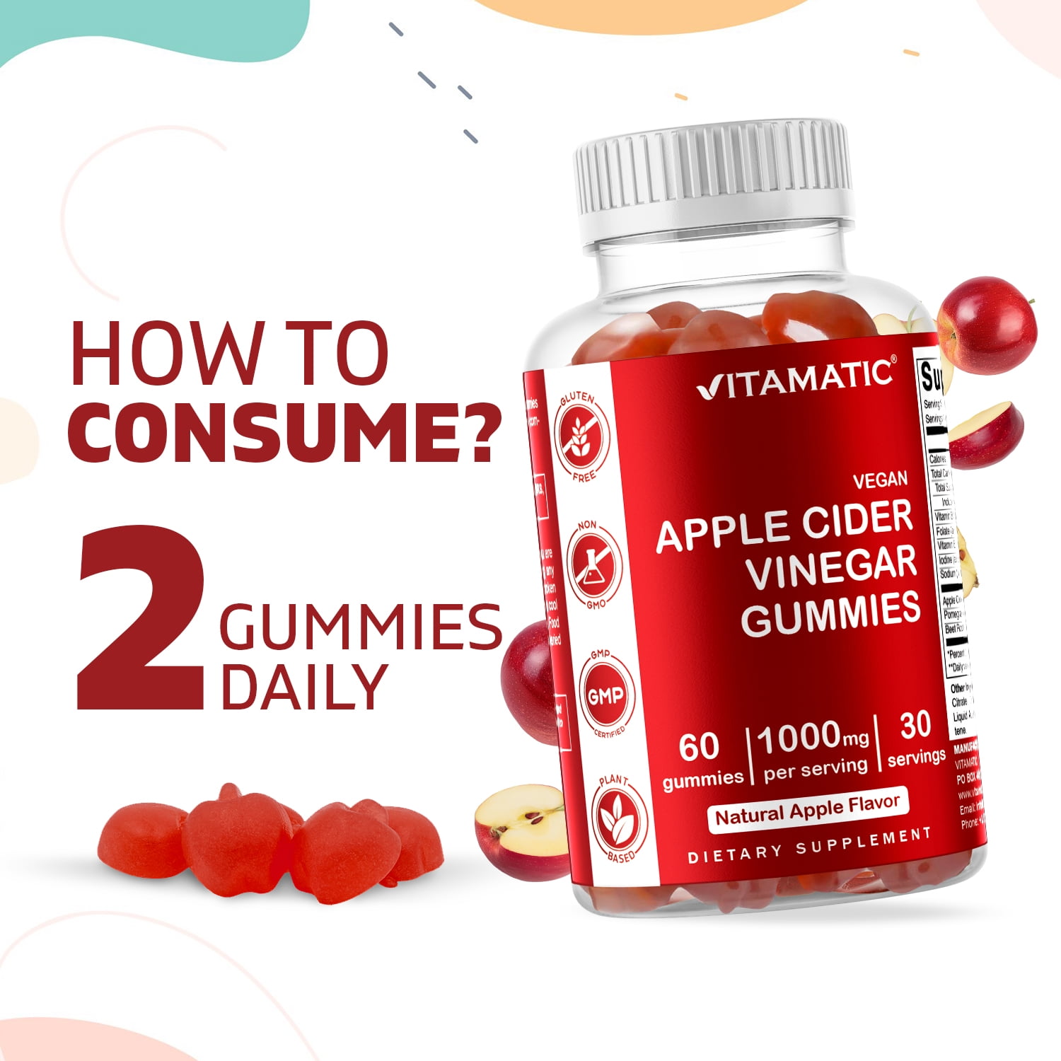 2 Pack Vitamatic Apple Cider Vinegar Gummies, 120 Vegan Gummies for Weight Loss Support