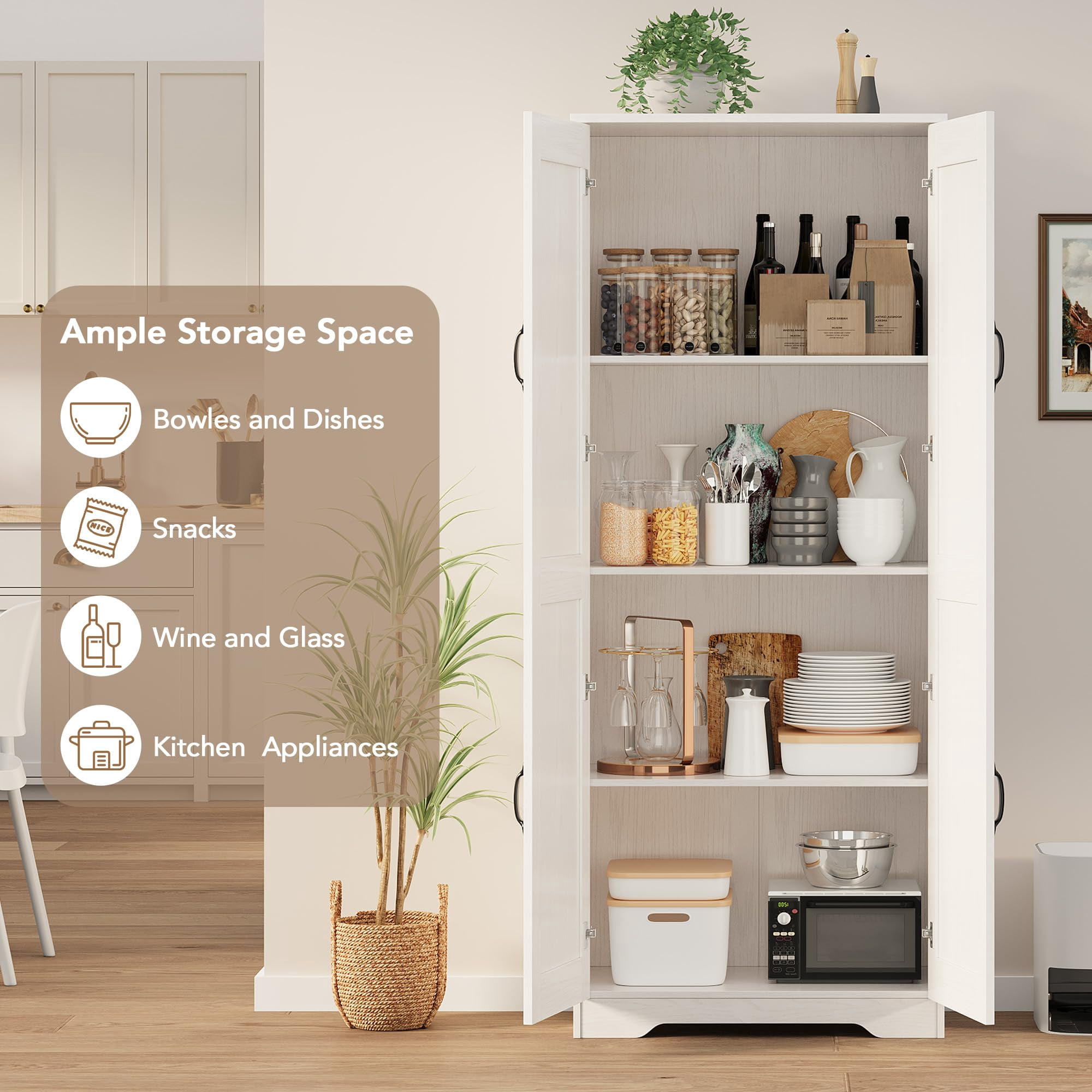 Juiluna Tall Pantry Cabinet, 60" Kitchen Pantry Storage Cabinet with 2 Doors and Adjustable Shelves, Freestanding Kitchen Cabinet, Cupboard for Dining Room, Bathroom, Reto White