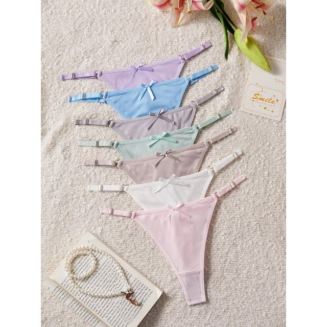 Conjunto De 7 Tangas Para Mujer, Diseño Dulce Con Lazos, Multicolor