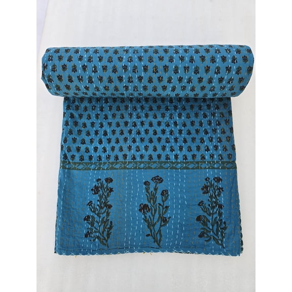Blue Floral Handmade Kantha Vintage Floral Block Print Bedding Vintage Bedding Quilt Gorgeous quilt that has the Perfect Vintage Look
