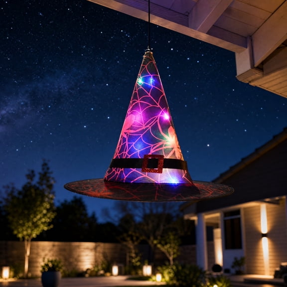 Clearance! Lighted Halloween Witch Hat Decorations, Battery Operated LED Hanging Hat with Spider Web Pattern, Waterproof Multicolor Lights for Indoor Outdoor Yard Tree Patio.