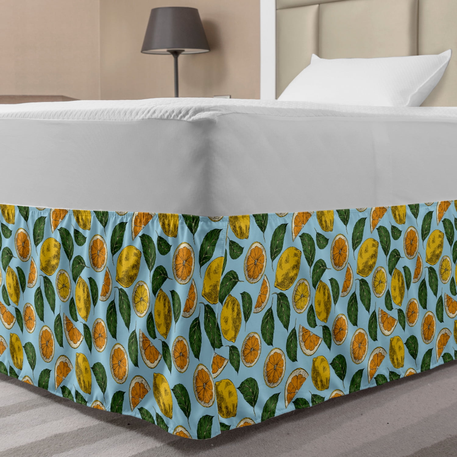 Lemon Bed Skirt, Digitally Generated Sour Fruit and Leaves, Elastic