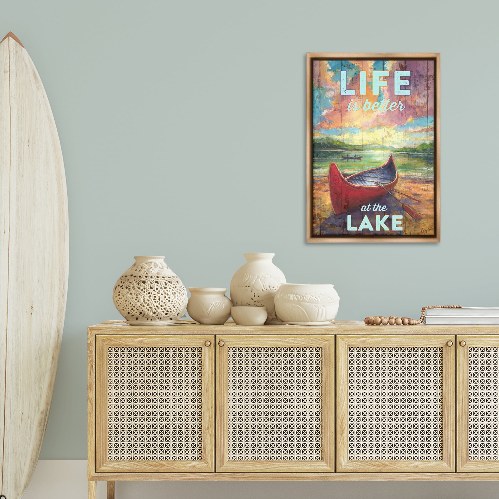 Stupell Industries Life At Lake with Canoe Transportation Painting Brown Floater Framed Canvas Art Print Wall Art, 21 x 31