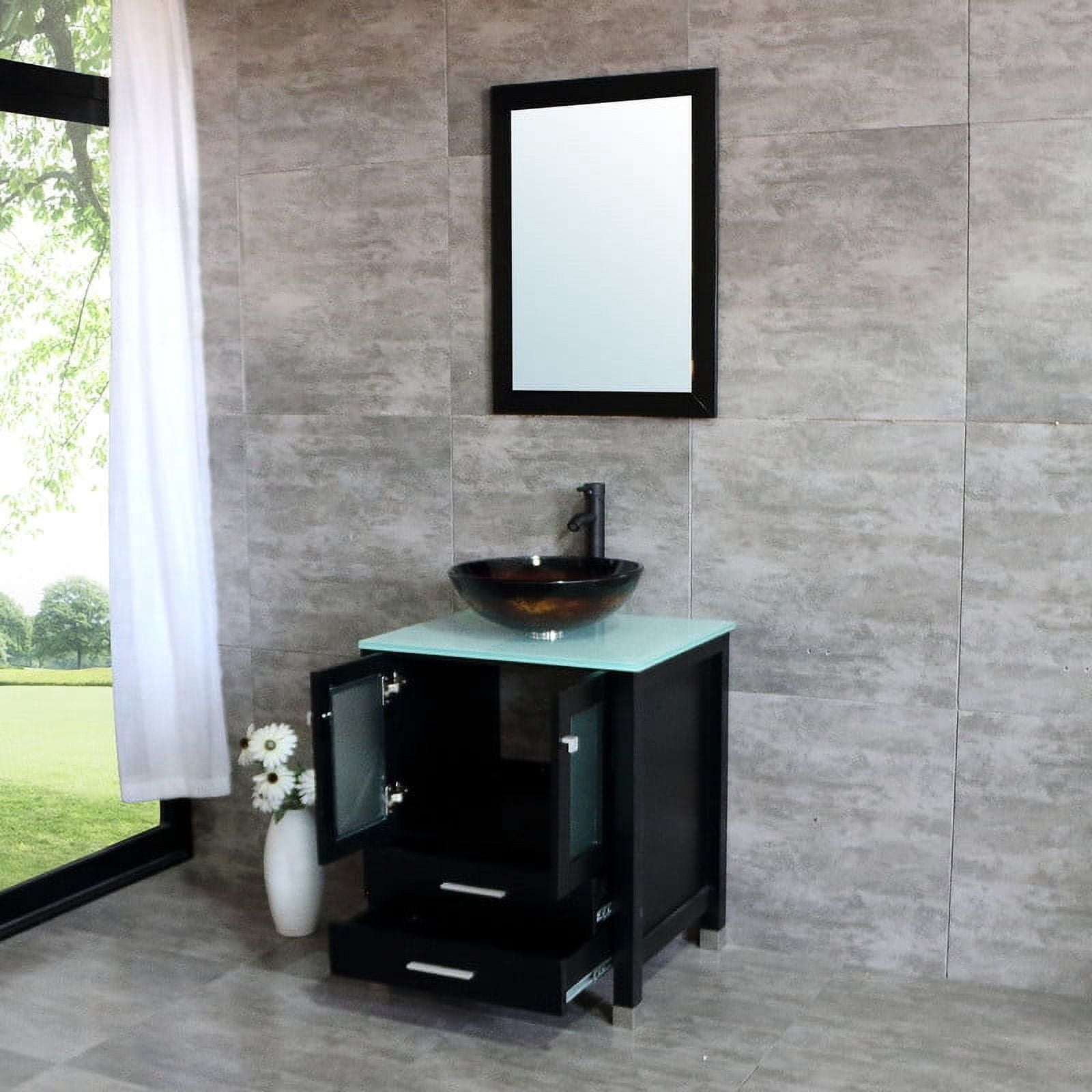 Walsport 24" Luxurious Wood Bathroom Vanity Cabinet Round Tempered Glass Vessel Sink Bowl ORB Faucet Drain Combo Design with Mirror Modern Vanities Set,Black