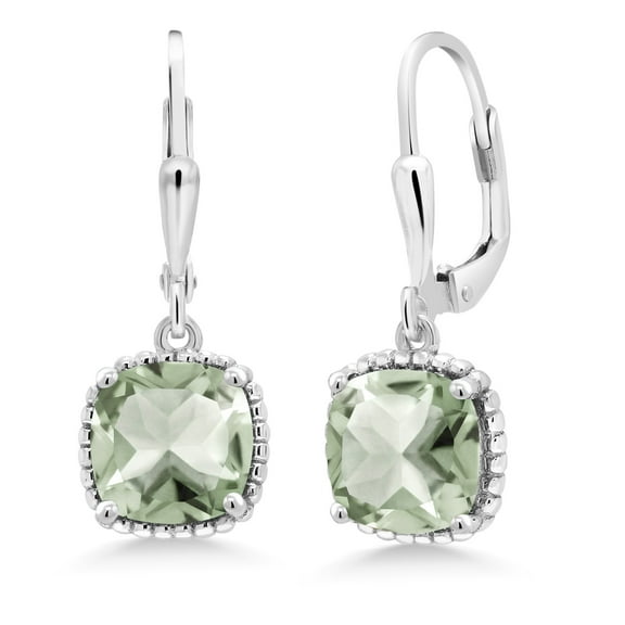Gem Stone King 925 Sterling Silver Green Prasiolite Dangling Earrings for Women (4.10 Cttw, Gemstone Birthstone, Cushion 8MM)