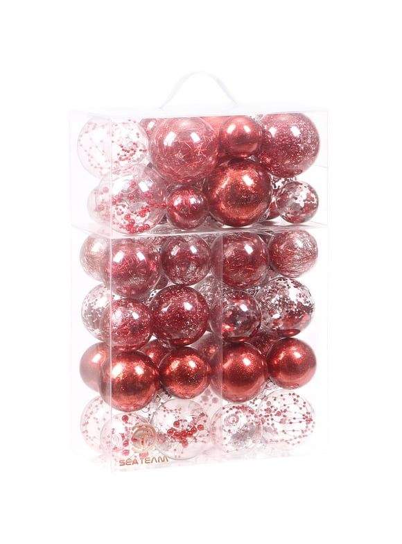 Sea Team Multi-Size Shatterproof Clear Plastic Christmas Ball Ornaments Decorative Xmas Balls Baubles Set with Stuffed Delicate Decorations (48 Counts, Red)