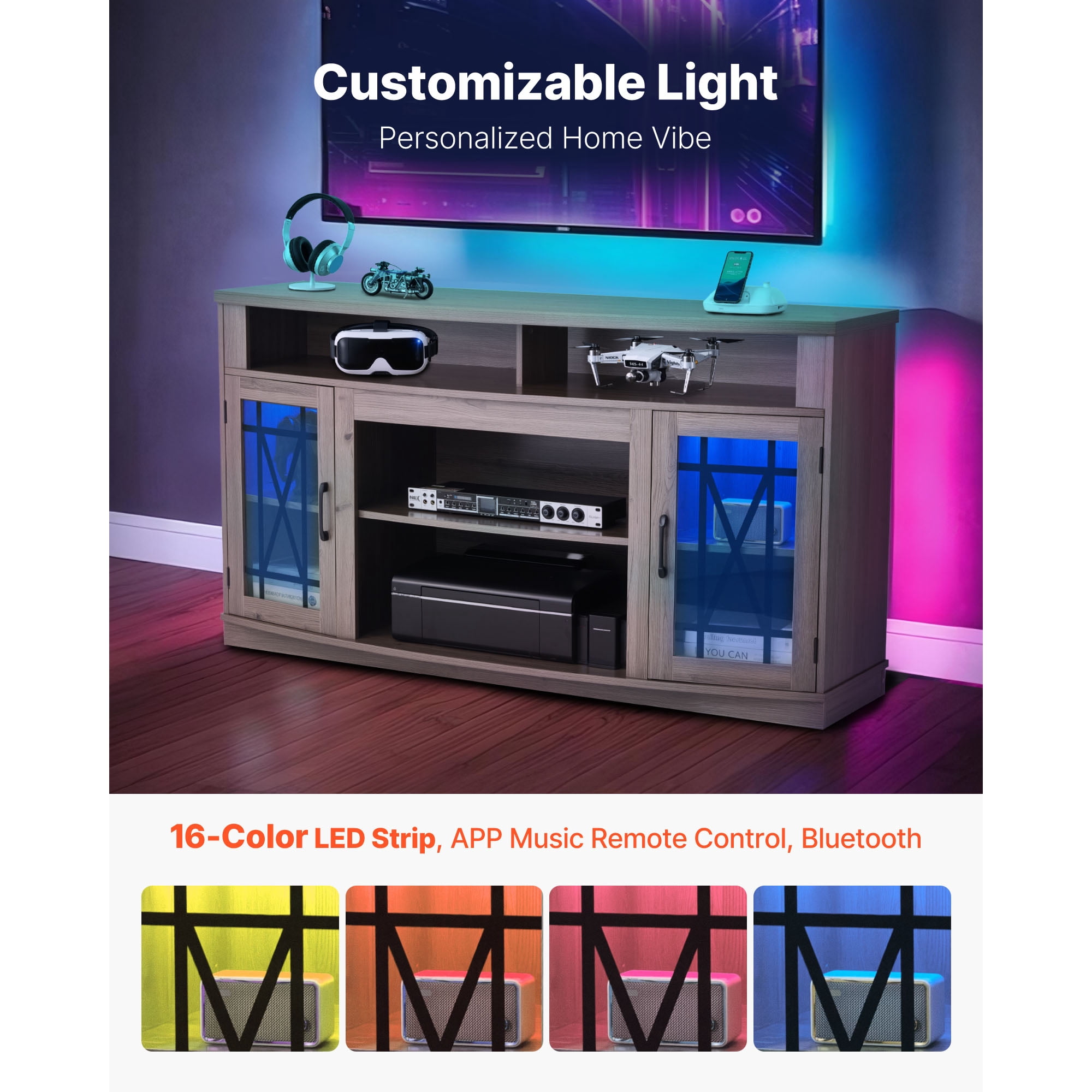 KFFKFF 59" TV Stand for TVs up to 65 Inches, Entertainment Center with LED Light Strip, Wooden Cabinet with Glass Doors and Adjustable Shelves
