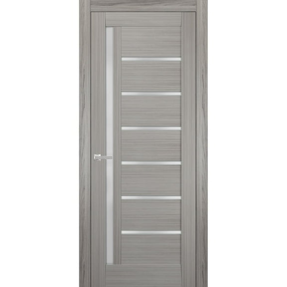 Solid French Pre-Hung Door Frosted Glass | Quadro 4088 Grey Ash | Single Regular Panel Frame Trims Handle | Bathroom Bedroom Sturdy Doors -18" x 84"