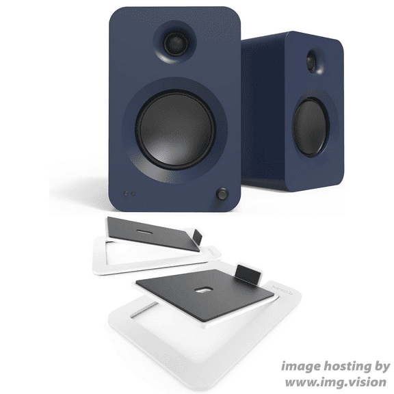 Kanto REN BLUE Bluetooth Powered Bookshelf Speakers - Matte Blue Pair with Kanto S6W Angled Desktop Speaker Stands for Large Speakers - White Pair (2024)